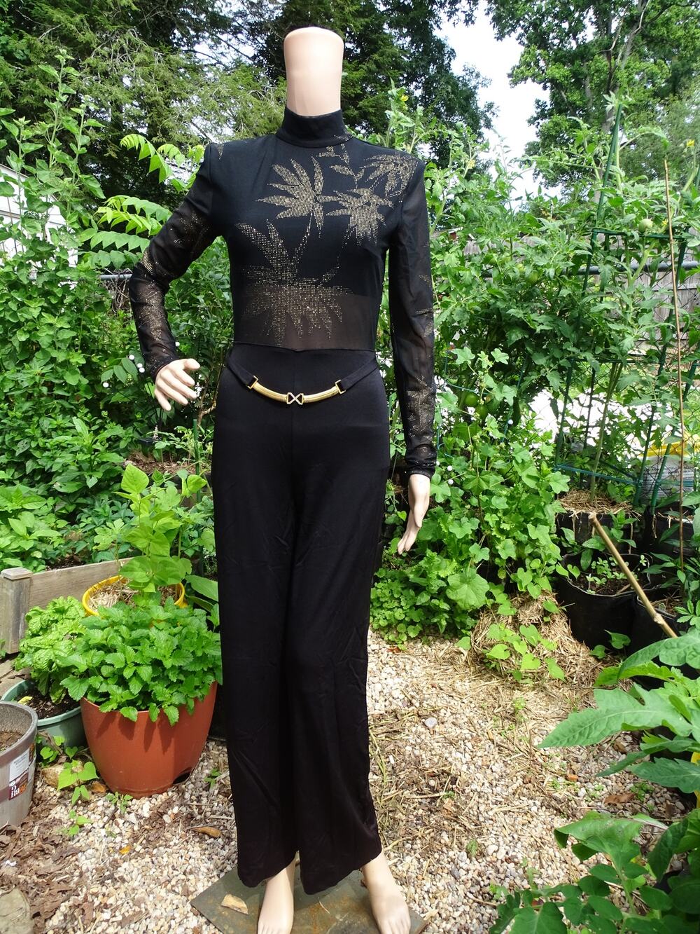 Vintage 1990s Sheer Jumpsuit with Gold Metallic Botanical Details Modern XS/S